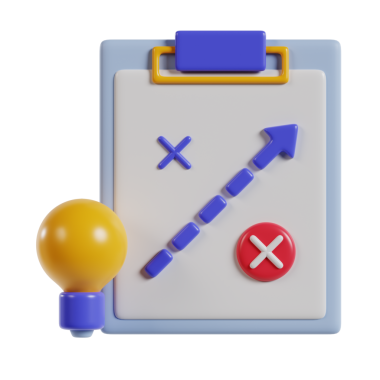 Strateji çizelgesi ve ampullü, fikirleri sembolize eden 3 boyutlu bir pano çizimi.