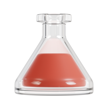 Bilimsel deneyler için kırmızı sıvı içeren cam bir laboratuvar şişesi..