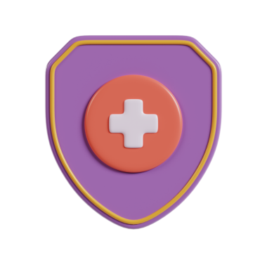 Beyaz haç içeren merkezi kırmızı düğmeli, sağlık ve güvenliği sembolize eden biçimlendirilmiş bir mor kalkan..