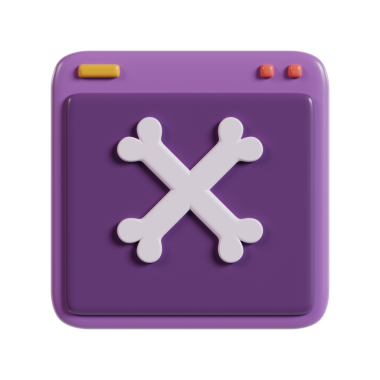 Beyaz kafatası ve çapraz kemikli, dijital bir arayüzü andıran mor kare bir simge.