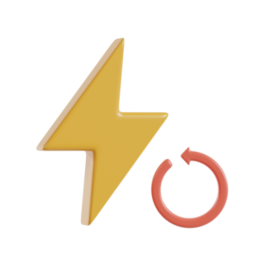 Kırmızı tazeleme sembolünün yanında, enerji ve yenilenmeyi temsil eden biçimlendirilmiş sarı yıldırım simgesi..