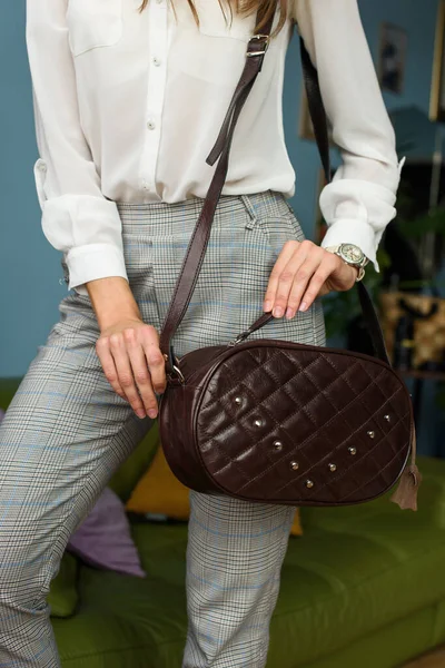 Woman Small Brown Leather Bag Pattern Girl Gray Checked Pants — Stock Photo, Image
