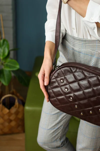 Woman Small Brown Leather Bag Pattern Girl Gray Checked Pants — Stock Photo, Image