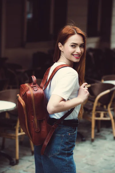 Beautiful Red Haired Girl Red Lips Posing Orange Leather Backpack — Stock Photo, Image