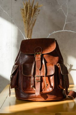 Kahverengi deri eski moda sırt çantası. İç mekan fotoğrafı.