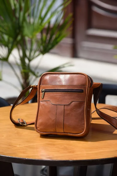 Outdoor Photo Brown Leather Messenger Bag Close — Stock Photo, Image