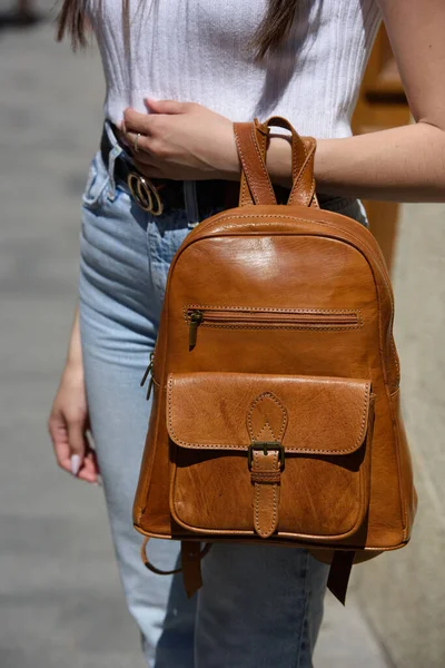 Girl White Leggings Shirt Light Brown Leather Backpack Her Hands — Stock Photo, Image