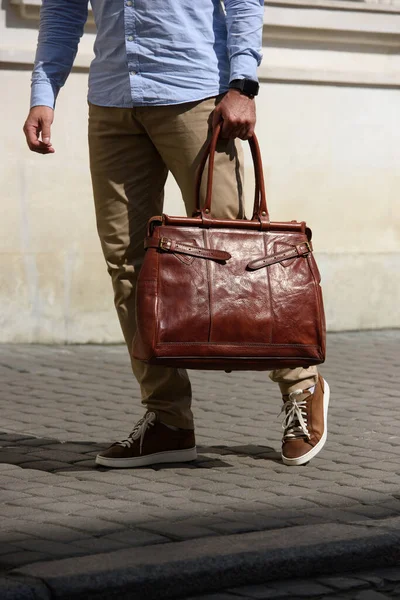Handsome Businessman Walking Street Luxury Leather Briefcase Fashionable Style Street — Stock Photo, Image