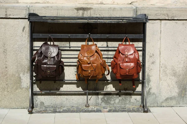 Collection Different Stylish Backpacks Street Photo — Stock Photo, Image