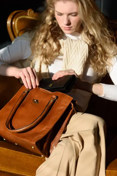 Beautiful Curly Blond Hair Woman Posing Small Shopper Brown Bag Stock Photo