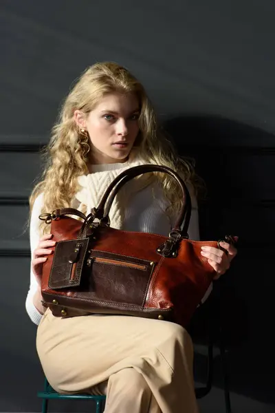 Beautiful Curly Blond Hair Woman Posing Brown Shopper Bag Gray Stock Image