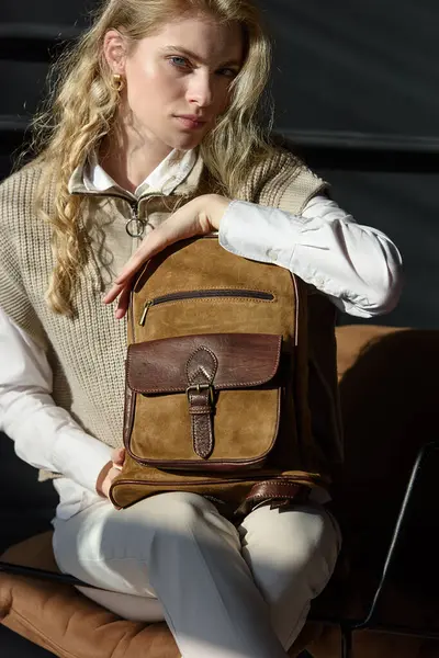 Woman Holds Leather Backpack Model Wearing Stylish Knitted Vest White Stock Picture