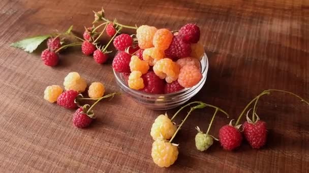 Fruta Frambuesas Ecológicas Maduras Frescas Amarillas Rojas Vaso Almuerzos Con — Vídeos de Stock
