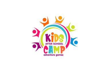 Çocukların çizim vektör grafiği yaz kampı rengi tam logo tasarım şablonu