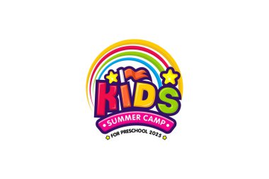 Çocukların çizim vektör grafiği yaz kampı logo tasarım şablonu