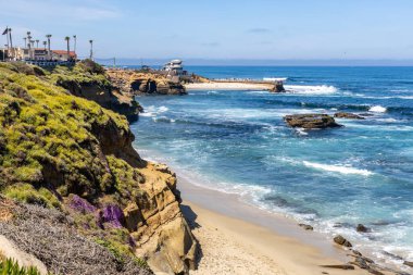 Deniz kabuğu plajı, La Jolla, California 'da, arka planda La Jolla Çocuk Havuzu ve cankurtaran istasyonu var..