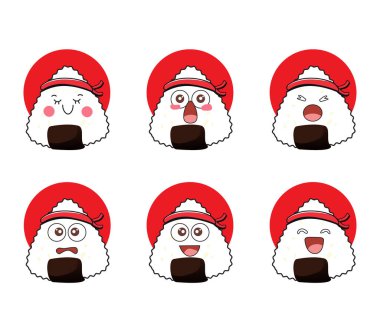 Şirin Samuray Ninja Onigiri yüz ifadeleri seti. Vektör illüstrasyonu