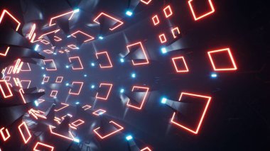 Neon ışıklı soyut fütüristik bilim kurgu tüneli. 3 boyutlu illüstrasyon, görüntüleme. Parlak çizgileri ve geometrik alanı olan bilim kurgu teknolojisi tasarımı kavramı.