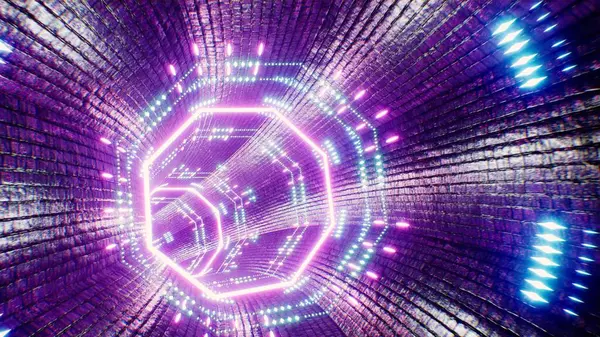 Neon Işığı Yoğunluğu Tuğla Kaplama Tüneli 3D Hazırlama 'ya doğru sür