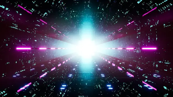 Soyut neon ışıkların 3D görüntülenmesi ve teknolojiyle parlayan tünel