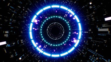 Bir neon halka lambası bilim kurgu desenli bir arka planda parlar, parlak ve fütüristik bir titreşim yaratır..