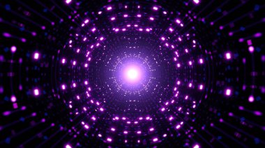 Fütürist bir VJ performans alanının enerjisini uyandırmak için ritmik şablonlar ve dinamik yansımalarla dizayn edilmiş titreşimli mor disko ışıkları tarafından aydınlatılan canlı bir tünel..
