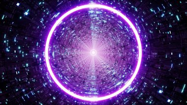 Neon ışıklı siber tünel içinde parlak mor dairesel ışık titreşimleri duvarlar boyunca akan dijital veri akışları yüksek teknolojili ve dalgın bir bilim kurgu ortamı yaratıyor..