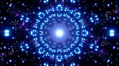 Parlak mavi ışık fütüristik bir tünel arka planından geçer..