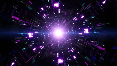 Parlayan neon ışıkları fütüristik bir tünelde parlıyor..