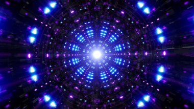 Mor bir bilim kurgu tünelinde parlayan mavi ışık gerçeküstü ve gelecekteki görsel kontrast yaratıyor..