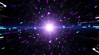 Gelecekteki teknolojiden esinlenilmiş bir tünel parlak efektlerle parıldıyor, parlak ve derin bir dijital ortam yaratıyor..