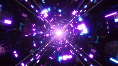 Çoklu neon lambaları gelecekteki teknoloji kalıplarıyla dolu bir tüneli aydınlatarak, parlayan geometri ve sibernetik enerji ile dolu canlı ve daldırıcı bir dijital ortam yaratırlar..