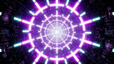 Çoklu neon ışıkları, 3D görüntülemede fütüristik bir tüneli aydınlatarak, parıldayan geometri ve dinamik enerjiyle dolu canlı ve daldırıcı bir dijital ortam yaratır..