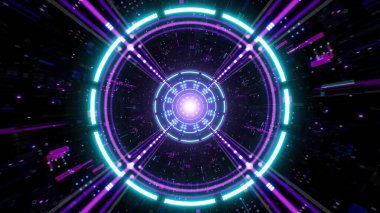 Neon ışıkları siber bir tünelden geçerek fütüristik teknoloji arka planında parlak ve daldırıcı bir dijital atmosfer yaratıyor.