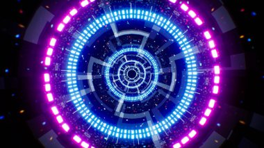 Neon ışıkları, bir olay için bir konsept sanat arka planında, hareket ve enerji dolu canlı ve gelecekçi bir atmosfer yaratarak bir tünelden geçer..