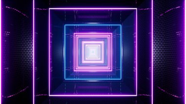 Neon kare ışıklar, metal bir ızgara tünelini 3 boyutlu olarak aydınlatarak parlak ve parlak bir fütüristik görsel efekt yaratır..