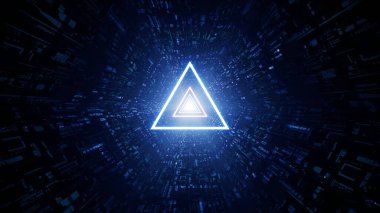 Neon üçgen ışıkları bilim kurgu tüneli geçidini aydınlatarak parlak ve parlak bir fütüristik atmosfer yaratıyor..