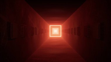 Metalik dokularla inşa edilmiş ve yoğun kırmızı ışıkla aydınlatılan, gelecekteki endüstriyel titreşimleri çağrıştıran 3 boyutlu cesur bir tünel..