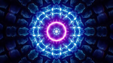 Taş bir zindan duvarından parlayan geometrik neon bir sembol.