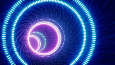 Mavi bir ışık dairesi, buruşuk desenli fayanslarla kaplı bir tünelde yol gösteriyor.