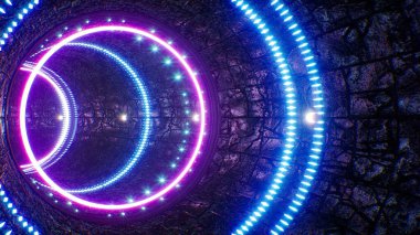 Taş Tuğla Tünel 3D Rendering.jpeg 'de Parlayan Neon Işık Lambası