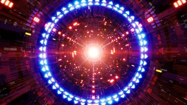 Parlayan kırmızı ve mor ışıklarla ışıldayan bir bilim kurgu tüneli titreşimleri, yüksek enerjili bir VJ tarzı derinlik ve hareket görüntüsü yaratıyor.