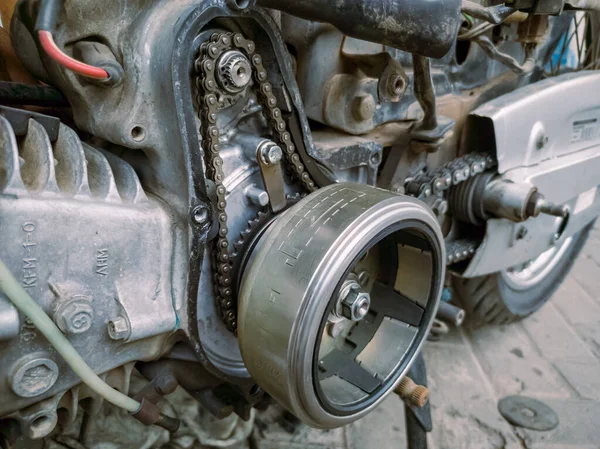 Stock image motorcycle engine mechanism that uses a timing chain, motorcycle engine that is being overhauled