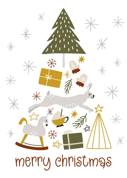 Vektorová Pohlednice Nebo Plakát Veselým Vánocům Stromy Králíčkem Dárkovou Krabicí — Stockový vektor