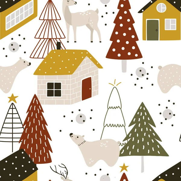 Patrón Vector Sin Costuras Con Animales Lindos Casas Para Navidad — Archivo Imágenes Vectoriales