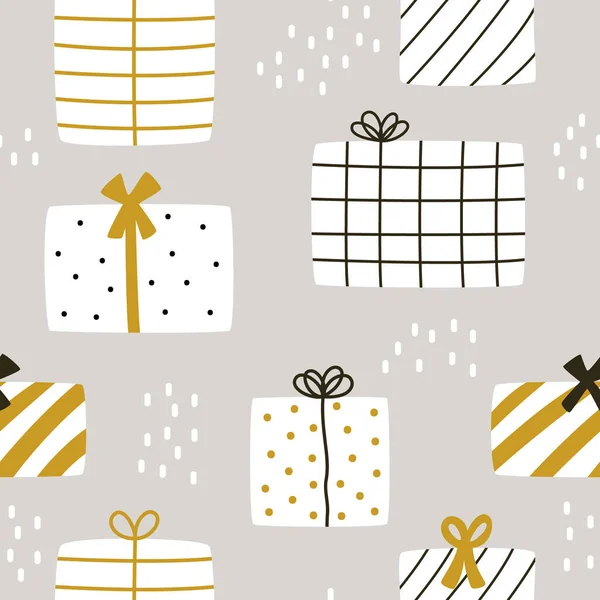 Weiße Geschenkboxen Auf Grauem Hintergrund Für Party Feiern Nahtloses Muster — Stockvektor