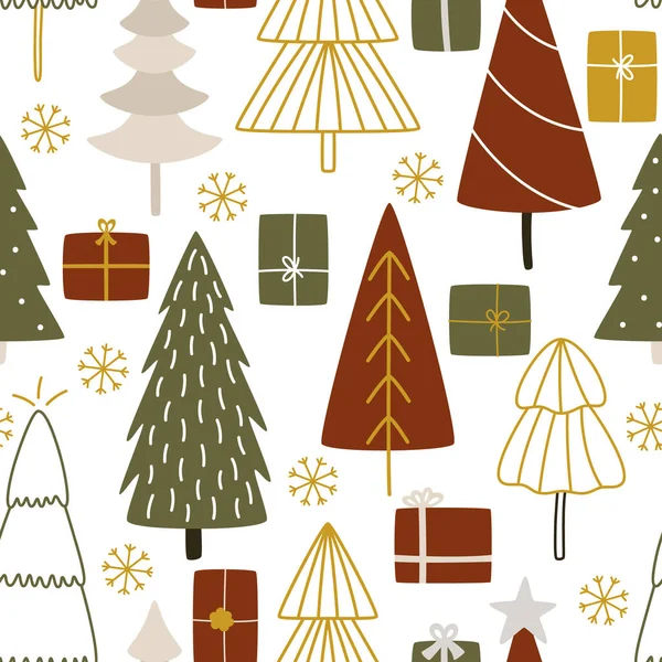 Weihnachtsbäume Mit Geschenken Für Die Silvesterparty Nahtloses Vektor Wintermuster Mit — Stockvektor
