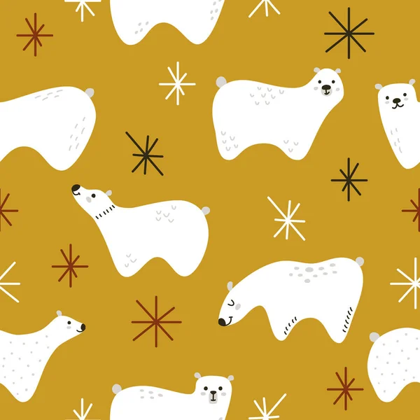Білі Ведмеді Зірками Жовто Золотому Тлі Зимовий Векторний Візерунок Друкарня — стоковий вектор