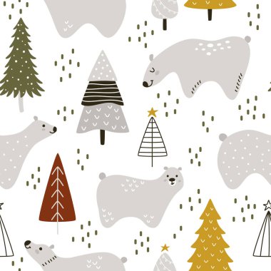 Noel ağaçları arasında el yapımı şirin gri İskandinav ayıları. Noel ve Yeni Yıl kutlamaları için kusursuz şablon.