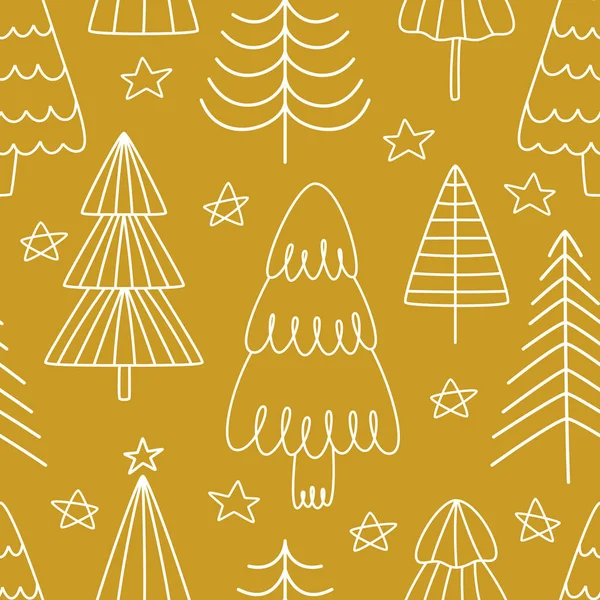 Esboço Desenhado Mão Árvores Natal Fundo Amarelo Padrão Sem Costura — Vetor de Stock